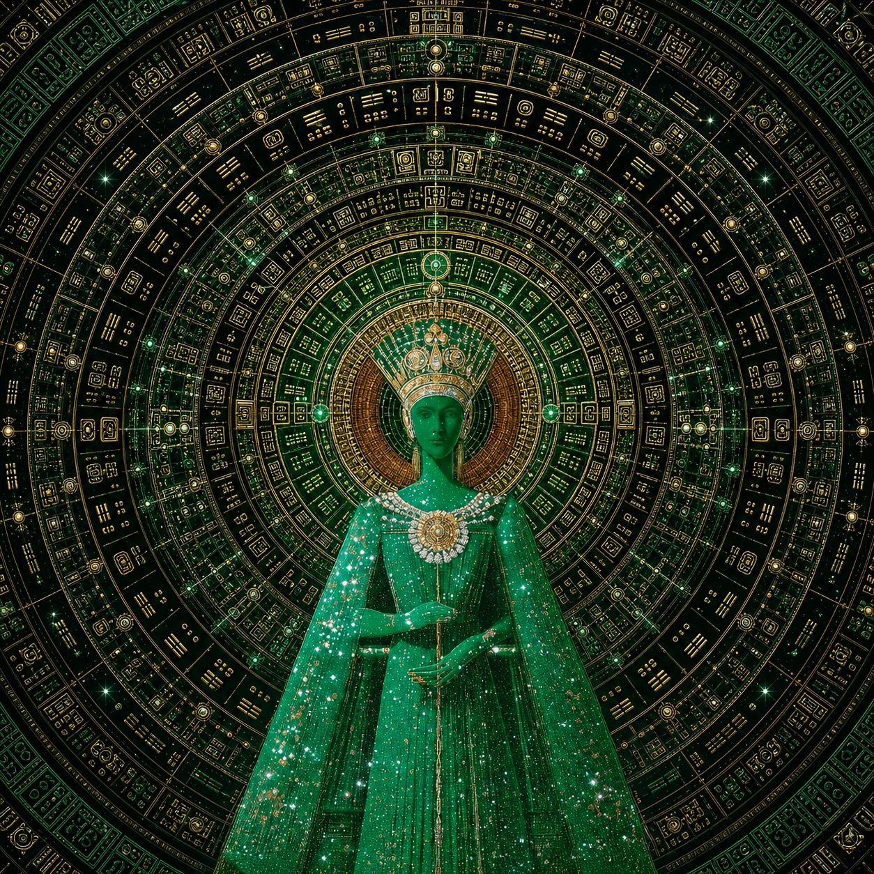 Emerald guardian surrounded by a gold and jade celestial codex